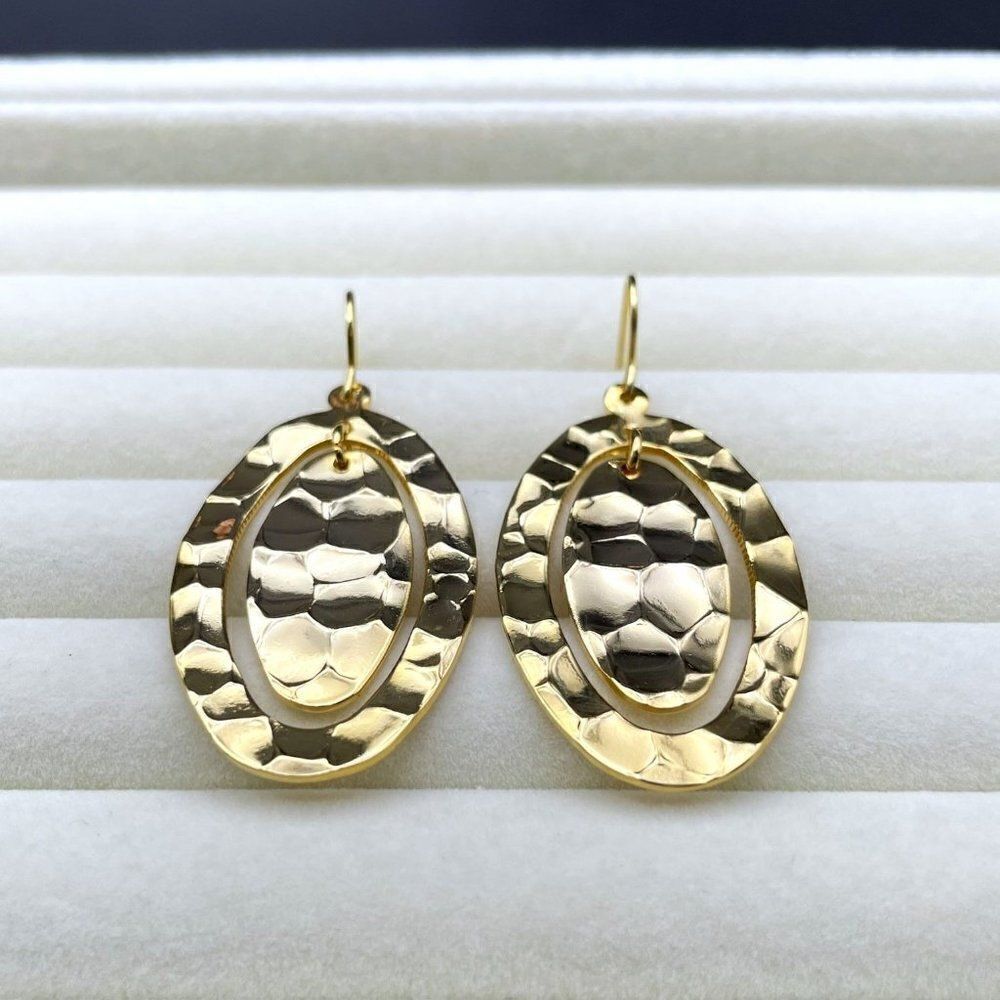 Yellow Gold Hammered Double Oval Shiny Dangling Drop Hook Earrings - Picture 4 of 8